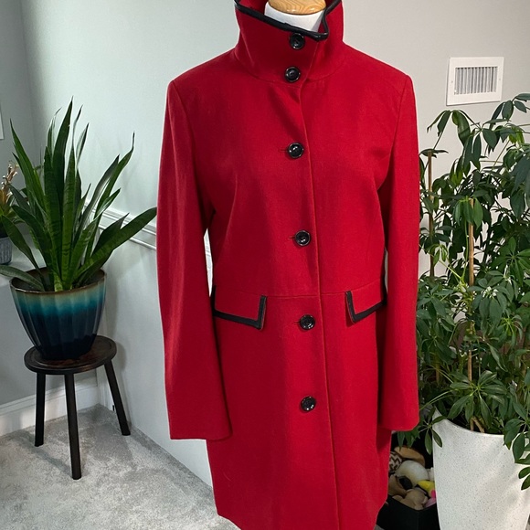 Holiday Best, leather trimmed red winter coat - Picture 2 of 11